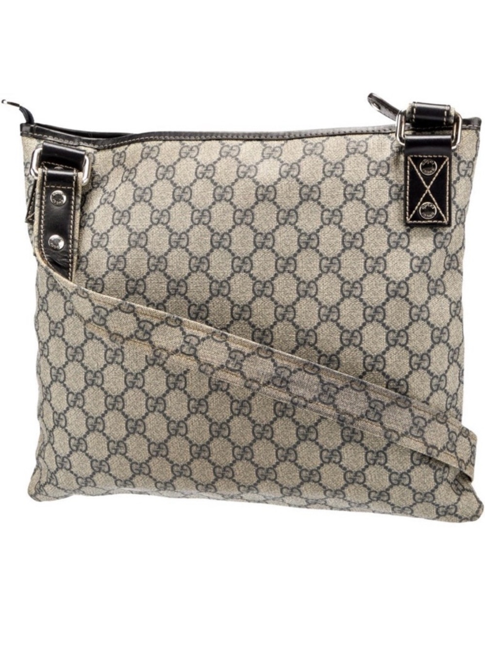 Vintage Gucci Beige GG Canvas Crossbody with Dark Blue Leather Trim. Authentic